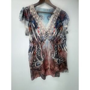 Unity World Wear Y2K Top‎ Fitted Dyed Print Ruffle Cap Sleeve XL Festival Lace